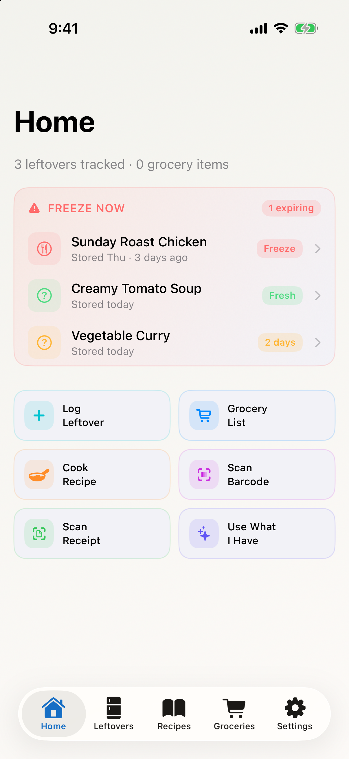 Bubble & Squeak Home screen with leftover guidance and quick kitchen actions