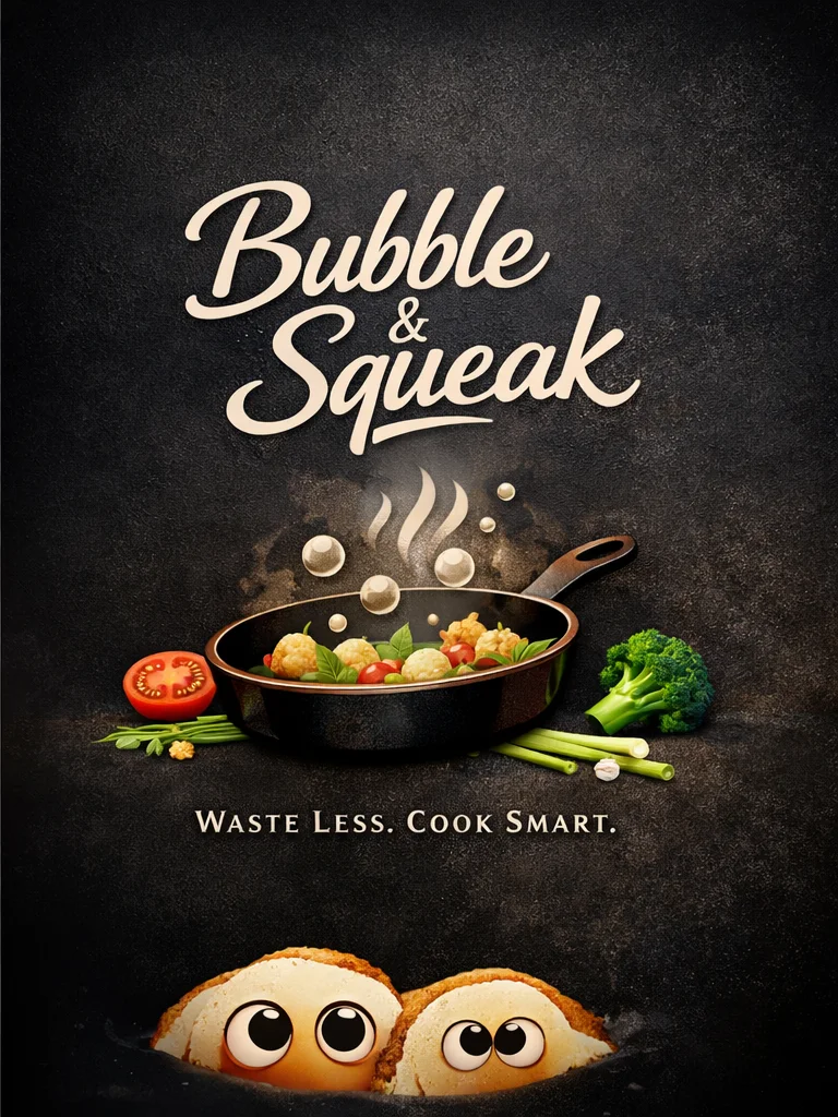Bubble & Squeak brand artwork with a pan and the words Waste Less, Cook Smart
