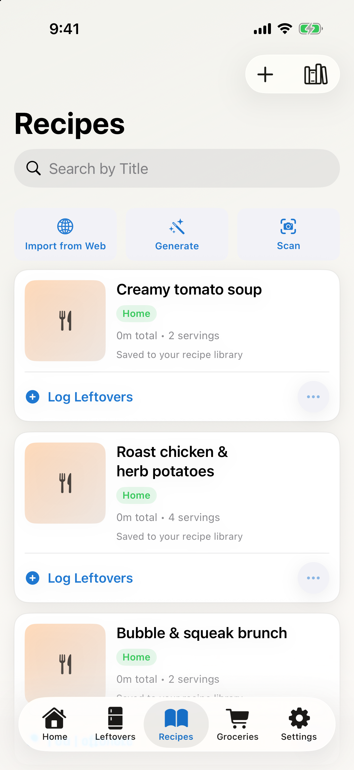 Bubble & Squeak recipe library with import, generate and scan actions